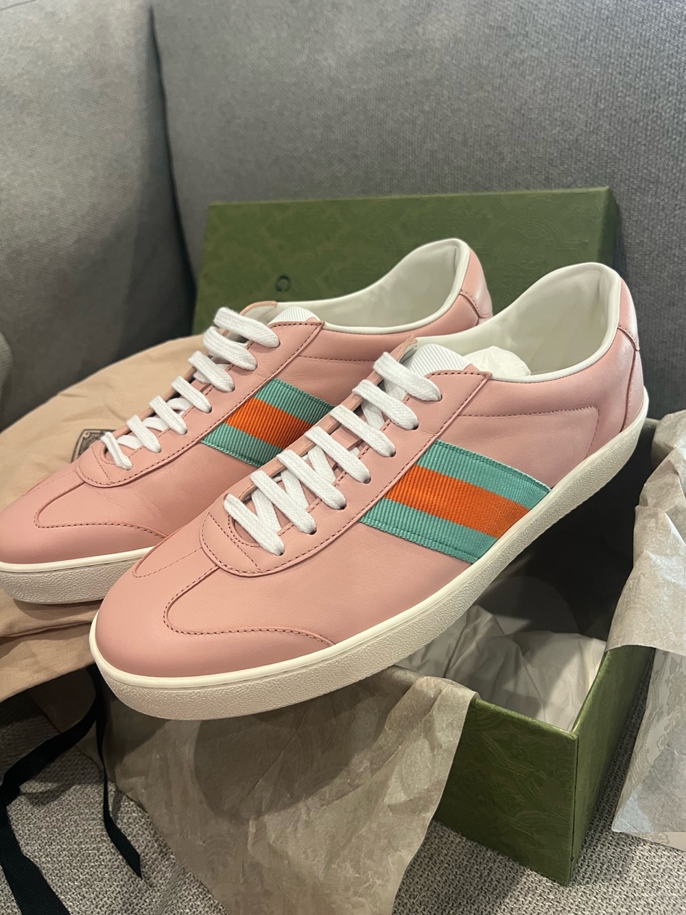 NEW Gucci G74 Miro Soft Perfect Pink Leather Web Sneakers